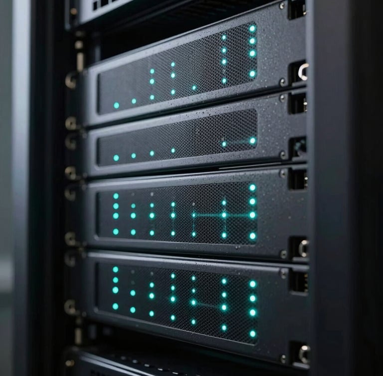 Macro shot of modern server racks with glowing teal indicator lights, low-key high-contrast studio lighting, cool tones, sharp architectural lines.