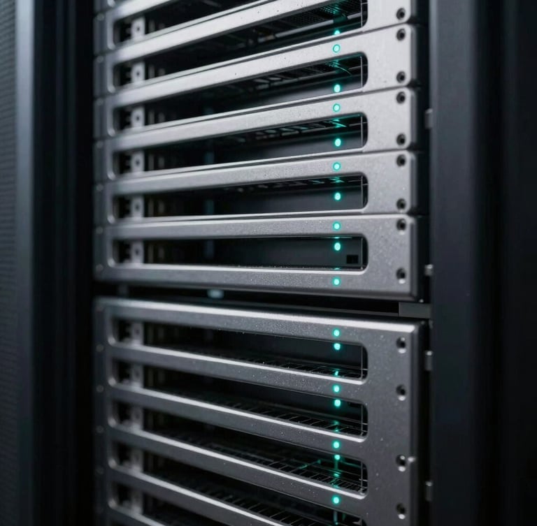 Macro high-contrast shot of clean server rack architecture, sharp metallic lines with selective cool teal indicator lights, low-key studio lighting, 21:9 framing.