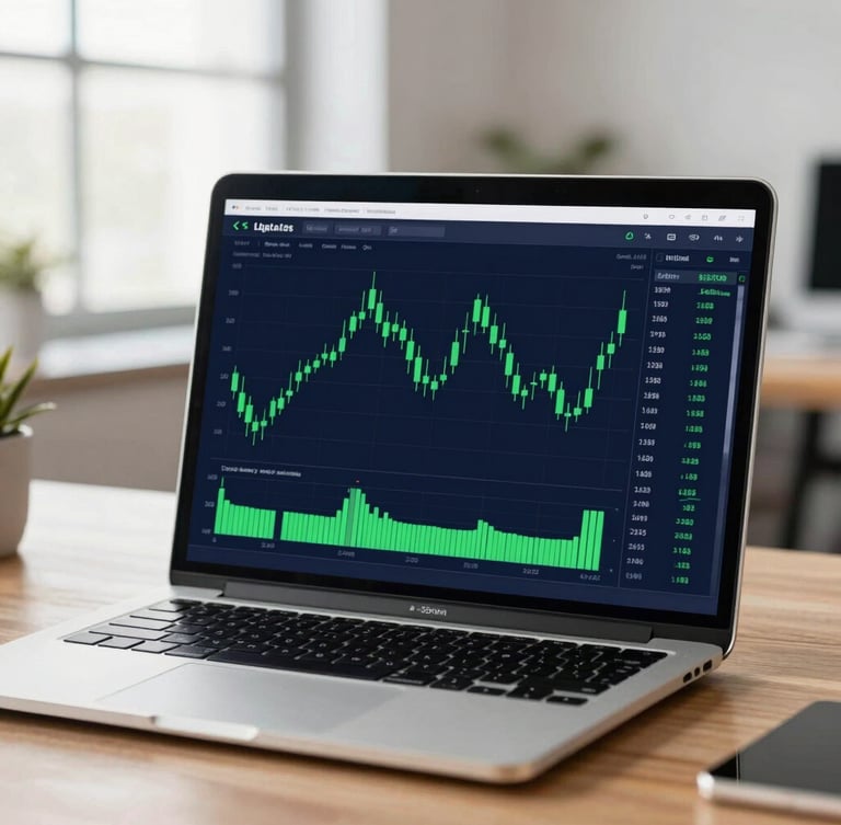 A close-up of a modern laptop screen displaying a clean, uncluttered candlestick chart with green indicators, sitting on a wooden desk in a bright, sunlit office, 35mm