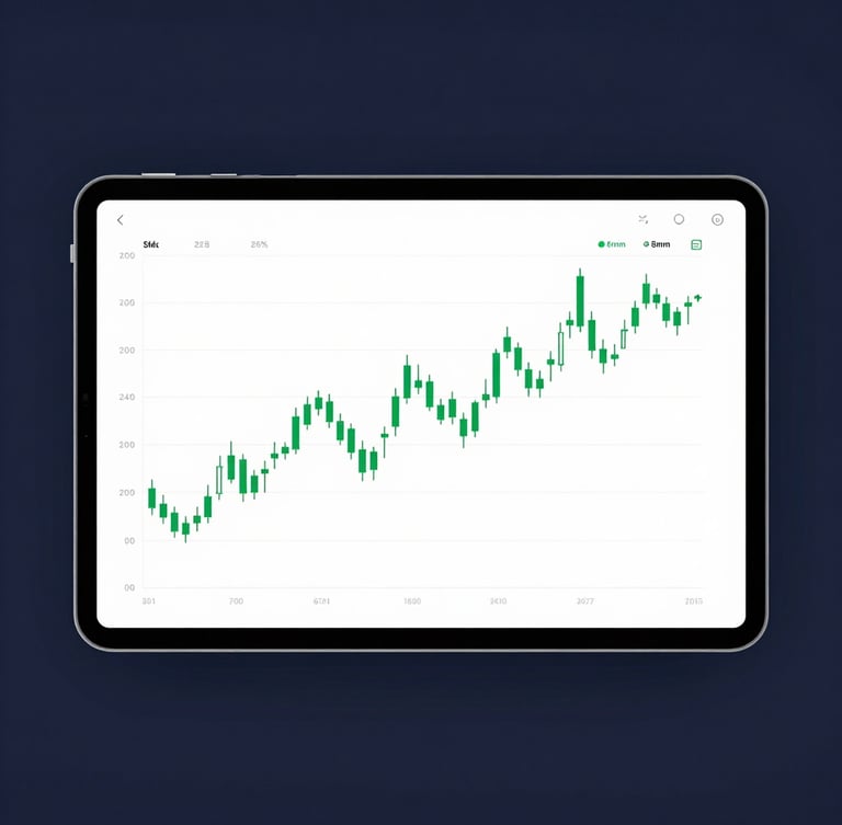 Approach shot of a modern tablet displaying a clean, uncluttered financial chart with green candlestick patterns, bright clean studio lighting, deep navy background, sharp focus