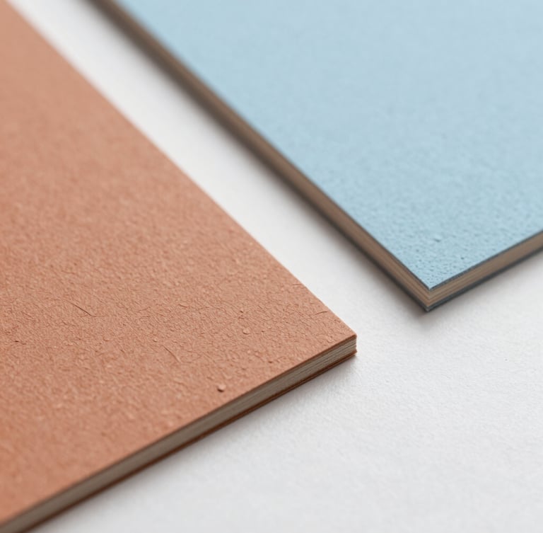 Macro close-up of tactile design swatches, textured paper samples in warm clay and soft sky blue, arranged on a clean white surface under diffused natural light.