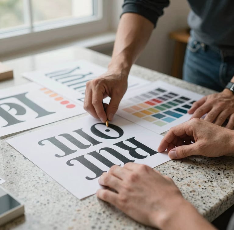 Hands of two designers arranging physical typographic layout prints and color chips on a light granite work surface, natural diffused window light.