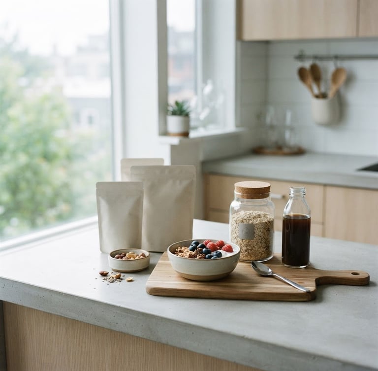 Bright editorial photography of a modern kitchen counter with clean functional food packaging, natural morning daylight, desaturated cool tones, 35mm