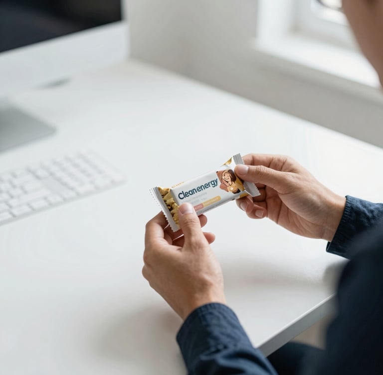 A busy professional grabbing a clean energy bar on the go, bright natural daylight, modern workspace setting, desaturated cool tones, 35mm