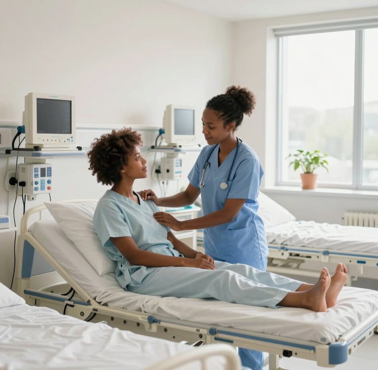 Bright editorial photography, wide shot of a clean modern clinical simulation lab with hospital beds, medical monitors, and an African American female student practicing patient care, soft natural daylight, 35mm