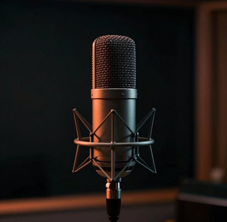 Moody cinematic close-up of a high-end vintage studio microphone in a Parisian recording booth, dramatic low-key lighting with subtle orange neon highlights, dark charcoal background, shallow depth of field.