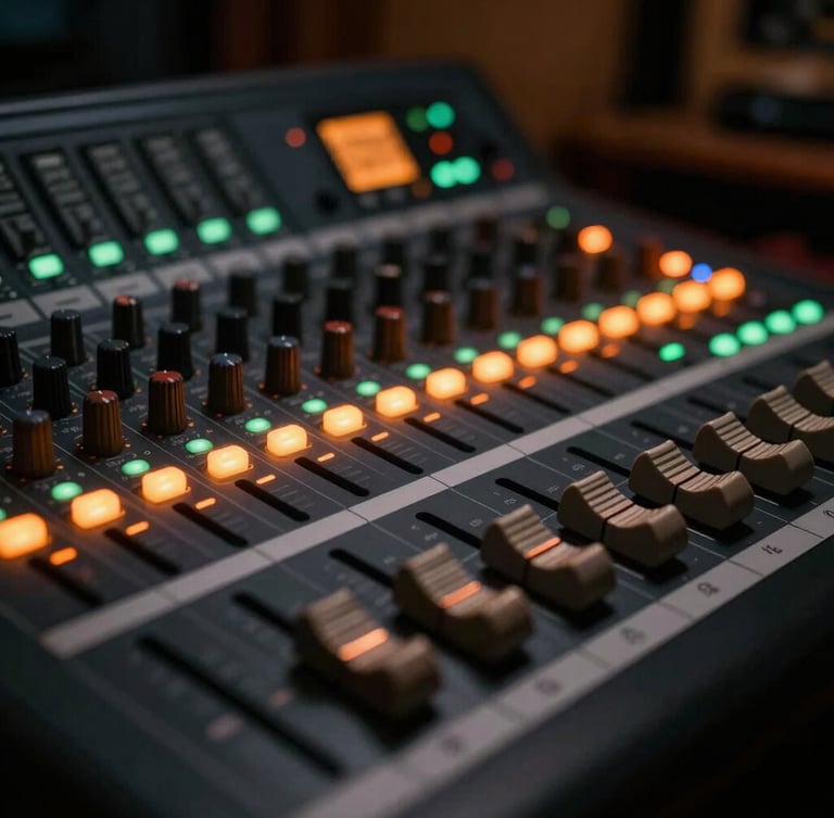 Close-up of a professional sound mixing console with glowing orange and green LEDs, faders aligned, dark warm atmospheric studio background, shallow depth of field