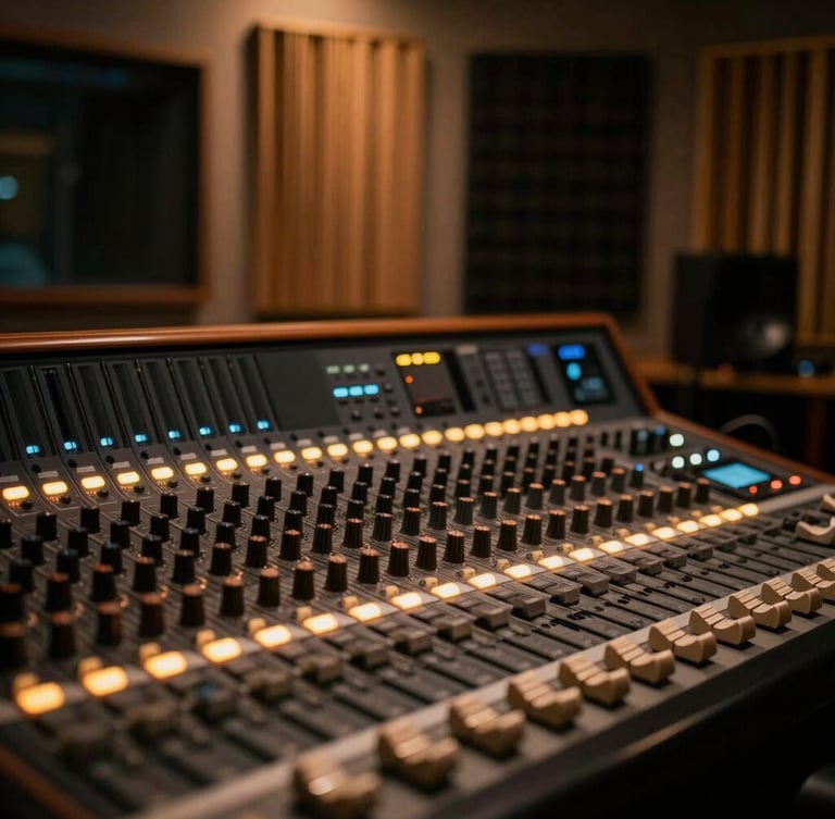 Moody cinematic photography of a professional recording studio mixing console in Paris, glowing LED lights, acoustic foam panels in the background, warm amber tones, shallow depth of field.