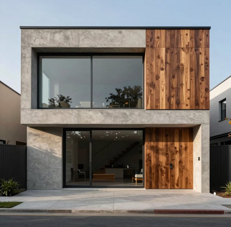 Straight-on architectural elevation of a concrete and teak modern villa, soft morning light, shadow patterns
