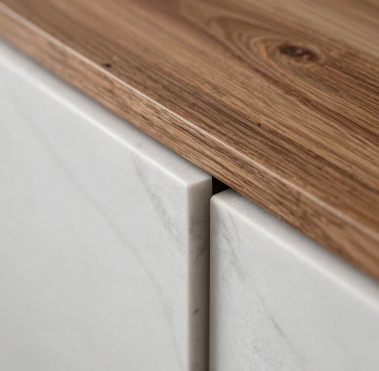 Close-up of premium raw materials, smooth white marble meeting textured teak wood under soft side lighting, architectural detail