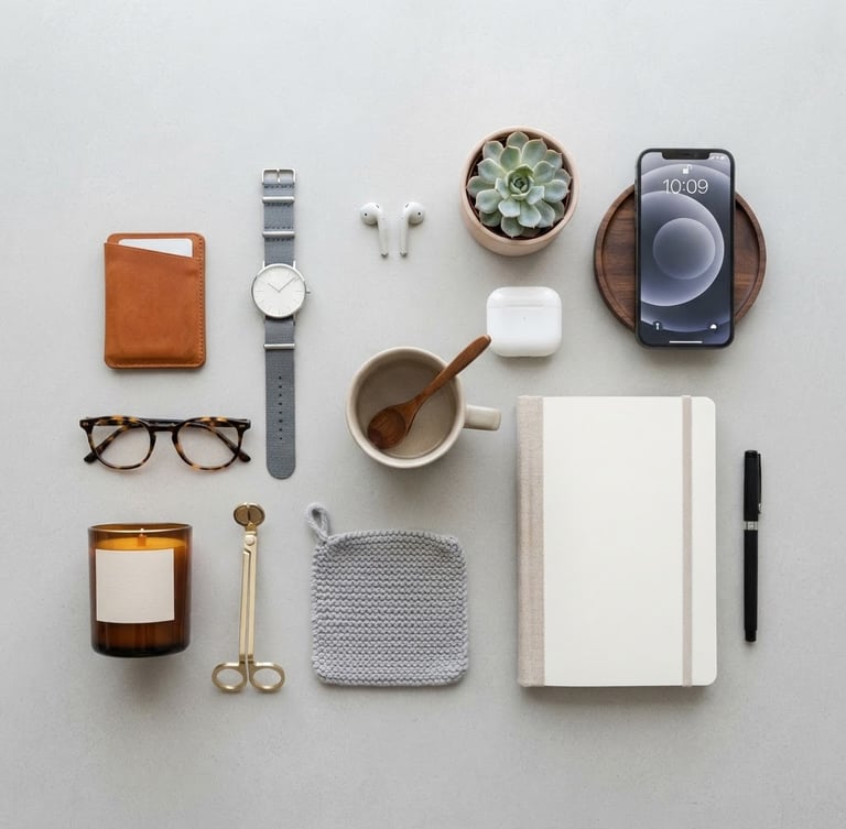 Clean flat-lay of modern home and lifestyle essentials on a light grey background, soft natural daylight, organized composition