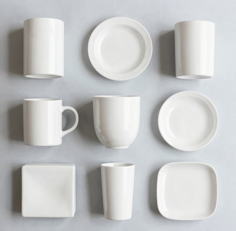 Clean flat-lay of hand-selected home and lifestyle products, neatly organized on a light grey background, soft natural daylight, crisp details