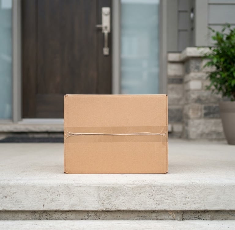 Straight-on medium shot of a clean, organized home delivery parcel on a modern Brampton doorstep, bright natural daylight, neutral background