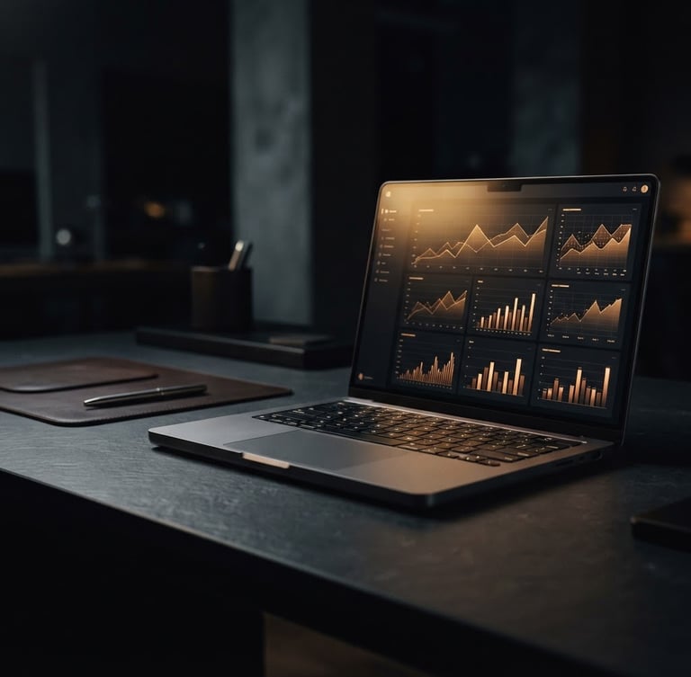sleek dark-mode technology photography, high-end laptop displaying clean analytical charts with golden light reflections on screen, clean structured layout, 35mm lens, right third of frame, deep charcoal tones