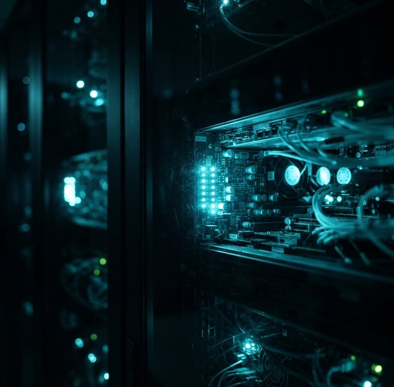 Macro close-up of dark glass reflections and cool cyan glowing server hardware, sharp focus, low-key dramatic lighting, 21:9 framing.