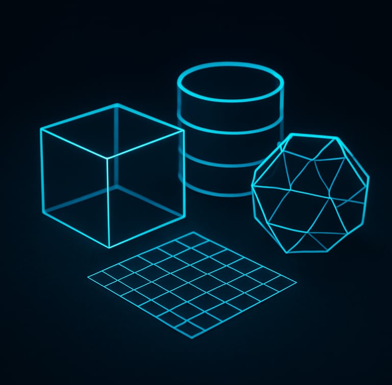 Abstract geometric data structures rendered in glowing cyan lines against a deep charcoal background, low-key dramatic lighting