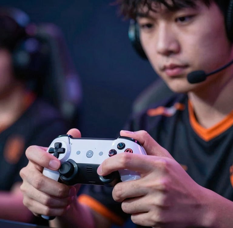 Close-up of a professional esports player's hands gripping a controller, intense focus, dramatic neon blue and orange ambient lighting reflecting on the plastic, sharp focus, 35mm lens