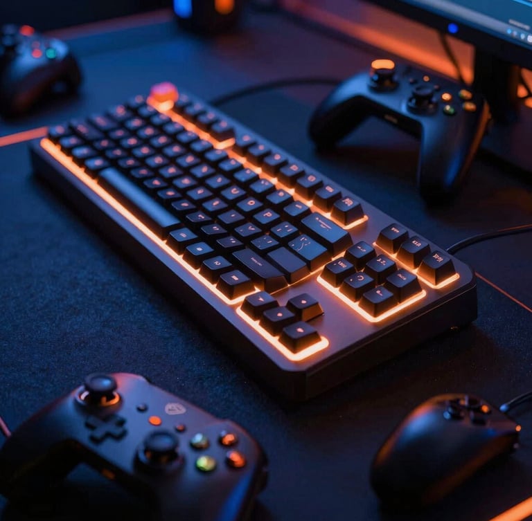 Dramatic close-up of professional gaming gear, mechanical keyboards and controllers with neon orange ambient glows, sharp focus, high contrast