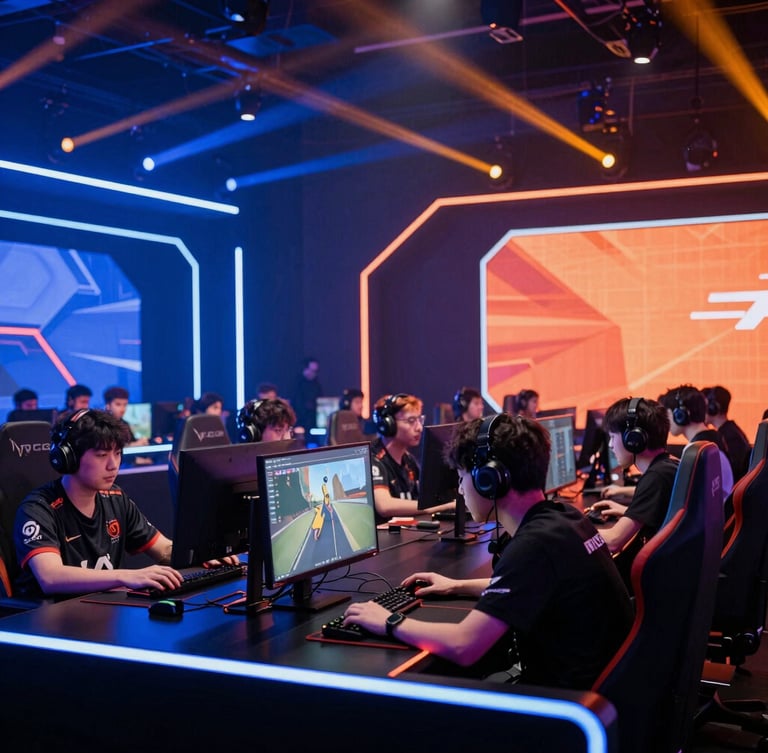Wide environmental shot of a modern esports tournament stage, dynamic neon blue and orange ambient lighting, players focused on screens, sharp focus, 35mm lens