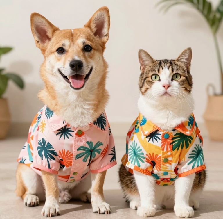 A happy dog and a cat sitting side-by-side wearing matching colorful tropical print shirts, bright cheerful pet photography, warm natural daylight, vibrant colors, shallow depth of field, crisp details