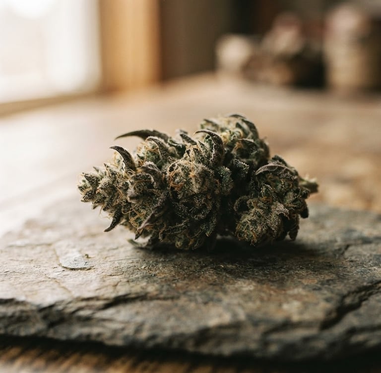 Macro shot of trichome-rich cannabis flower resting on a textured natural slate stone, soft warm window light, shallow depth of field, 35mm photography