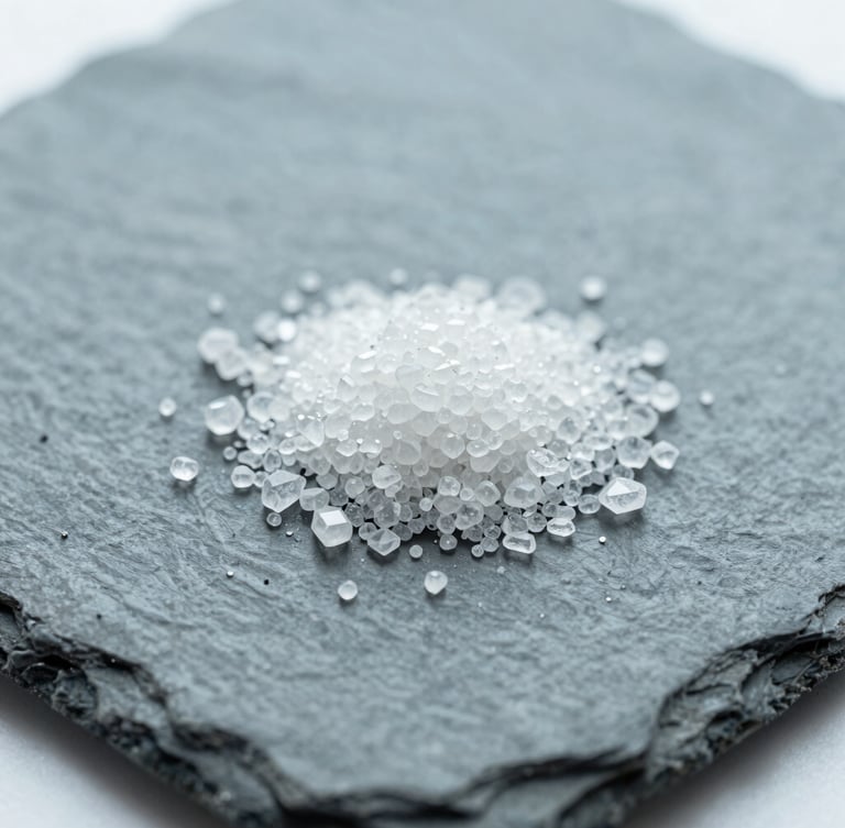 Macro photography of raw crystalline pharmaceutical compounds under bright clinical daylight, sharp focus, cool slate tones, 35mm