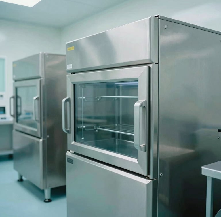 Modern cleanroom storage facility with sterile stainless steel equipment, bright clinical daylight, cool slate tones, 35mm