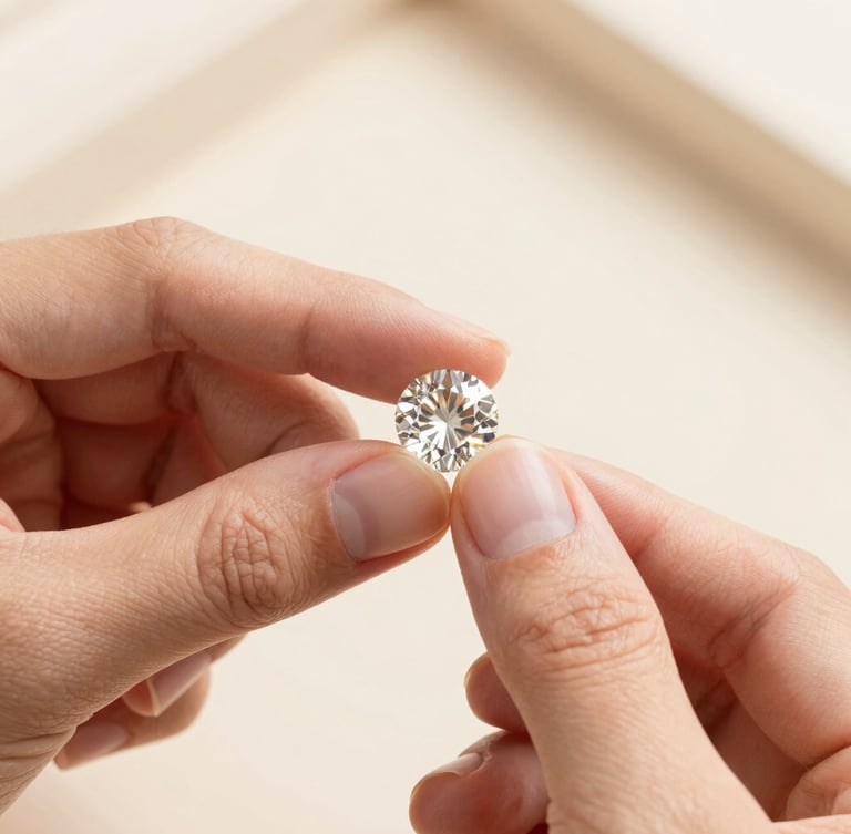 Extreme close-up of hands holding a raw diamond, showing natural skin texture, soft architectural ivory-toned background, 35mm