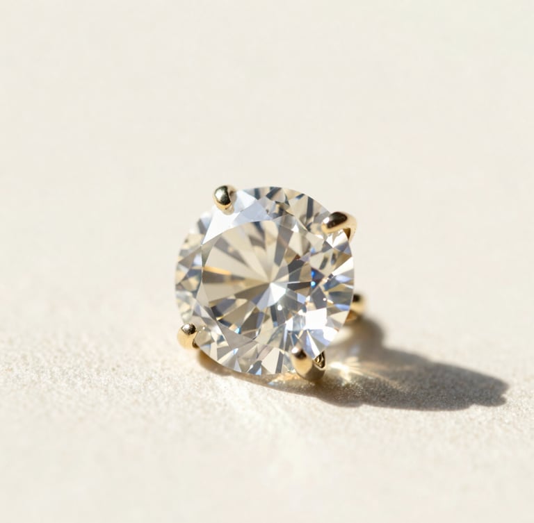 Macro shot of a brilliant-cut diamond set in solid gold, catching sharp directional daylight, clean ivory background, high-contrast 35mm editorial fashion photography