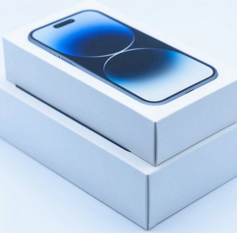 Crisp high-key product photography of premium smartphone boxes stacked neatly, cool blue studio lighting, sharp focus, macro details