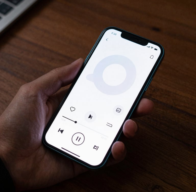 A high-fidelity Android device mockup displaying a minimalist media controller widget with crisp electric cyan borders, held in a hand over a dark wooden desk, moody ambient side-lighting.