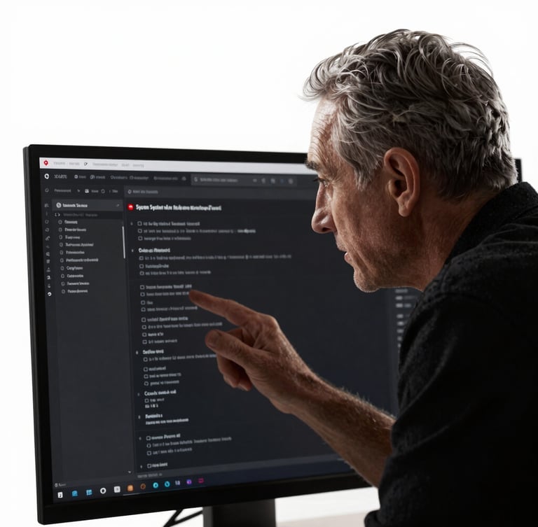 Close-up portrait of a senior system architect analyzing a clean, high-contrast dark mode user interface on a monitor, dramatic studio lighting, sharp focus, 35mm lens