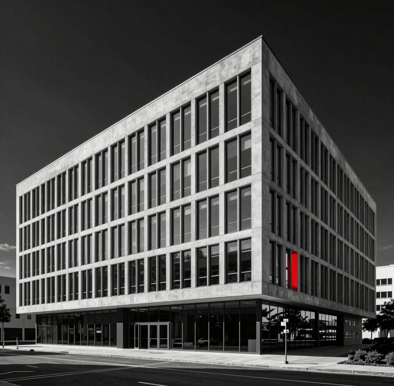Wide architectural perspective of a minimalist concrete and glass tech headquarters, high-contrast dramatic studio lighting, sharp focus.