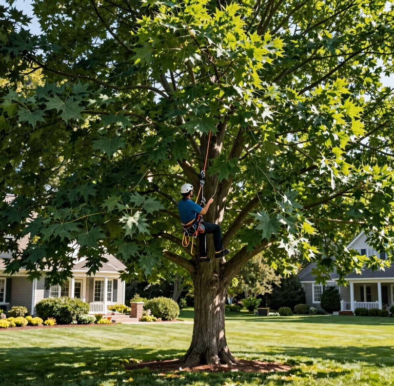 A certified arborist high in a massive maple canopy using precise low-impact rigging techniques, crisp morning sunlight, pristine estate lawn visible far below.