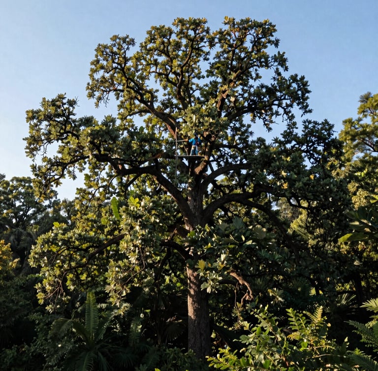 Wide environmental shot of a certified arborist high in the canopy of a majestic mature oak tree, crisp morning sunlight, deep forest greens, portrait aspect, high-contrast editorial photography