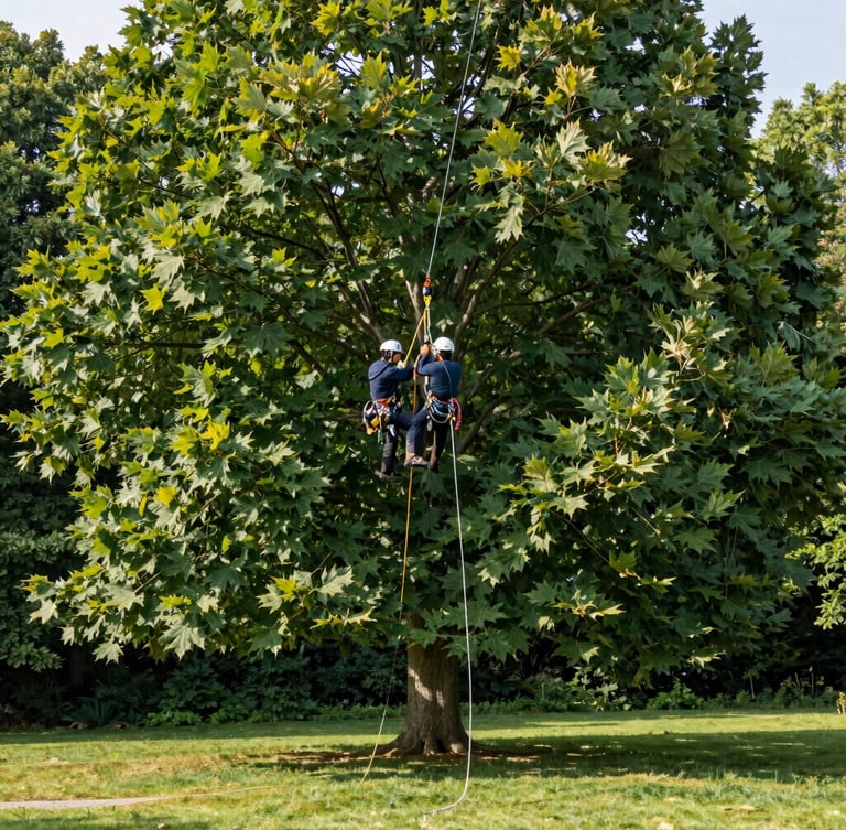Wide environmental shot of a professional arborist using high-tensile rigging lines high up in a massive maple canopy, pristine lawn visible below, crisp morning light.