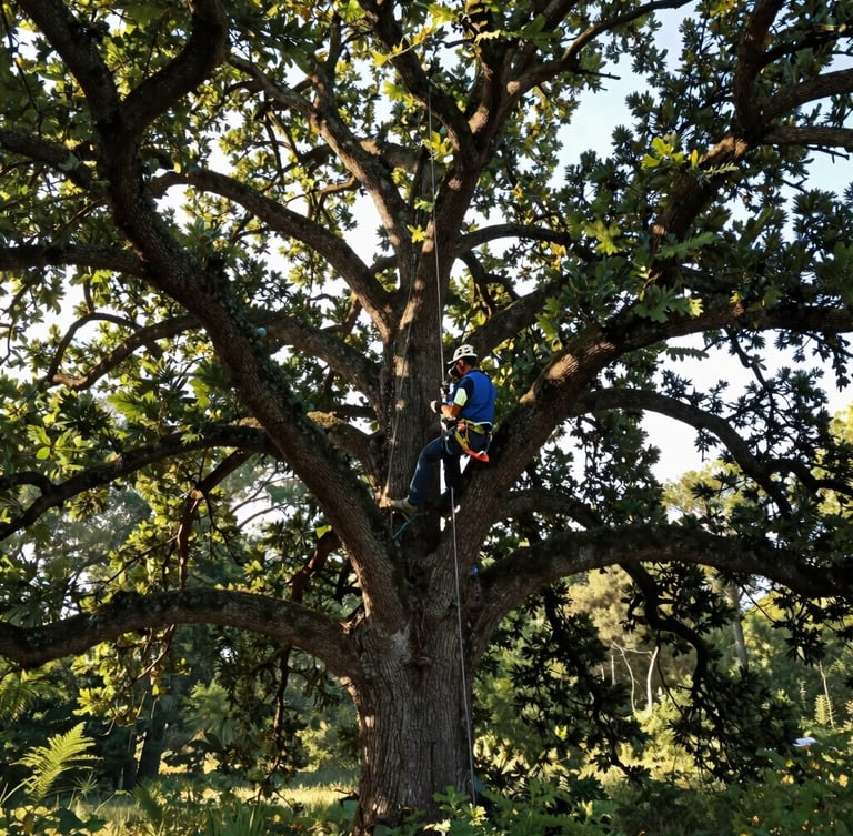 Crisp morning sunlight filtering through the sprawling canopy of a massive mature oak tree, a certified arborist in professional safety gear climbing with precise rigging lines, wide environmental shot.
