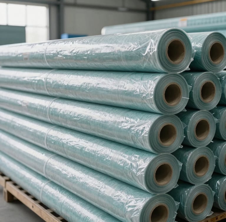Clean rolled carpets wrapped in protective film, stacked neatly in a bright industrial warehouse, professional quality control inspection, 35mm