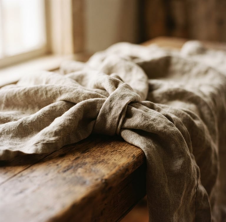 Close-up of raw, rumpled oatmeal linen fabric draped over a wooden bench, soft morning window light, shallow depth of field, 35mm film style