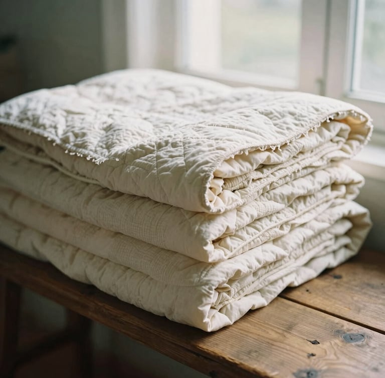 A folded stack of organic cotton quilts showing raw edges, draped over a rustic wooden bench in soft morning window light, 35mm film