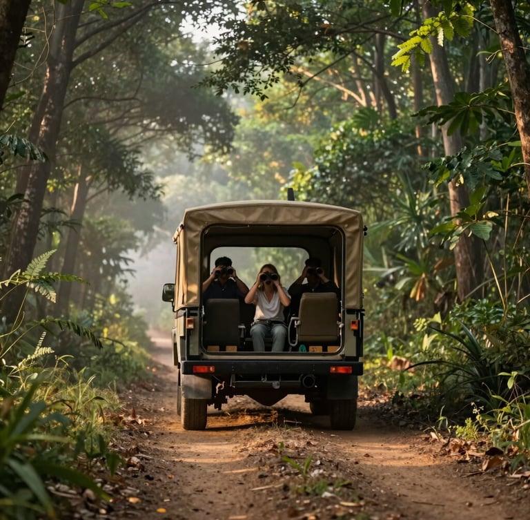 An open-top gypsy vehicle parked quietly on a dusty forest track, guests looking through binoculars into the dense green canopy, misty dawn light