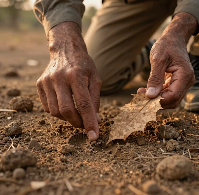 Close-up of a local naturalist tracker's hands holding a dry leaf, pointing out a fresh pugmark in the dusty soil of Ranthambore, low-angle golden hour light, 35mm