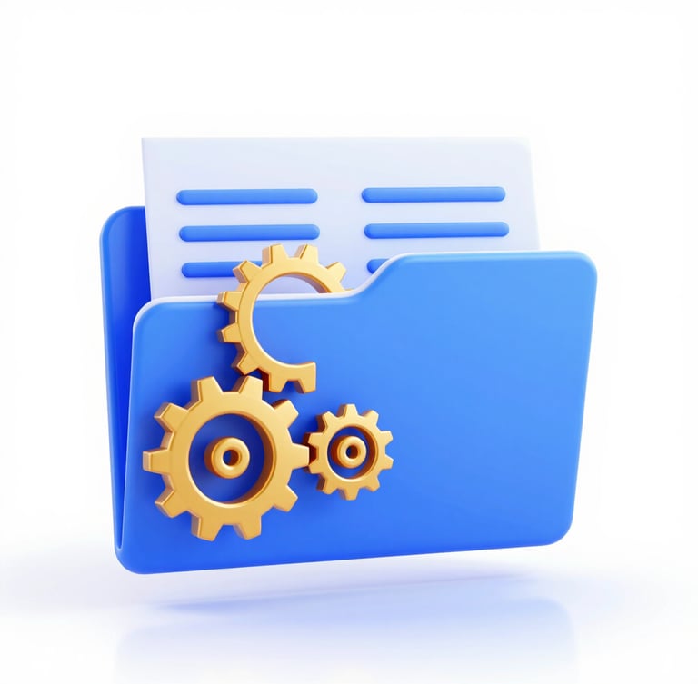 Sleek 3D vector illustration of a structured curriculum folder with gold gears and blue document sheets floating, soft glassmorphism textures, high-key studio lighting