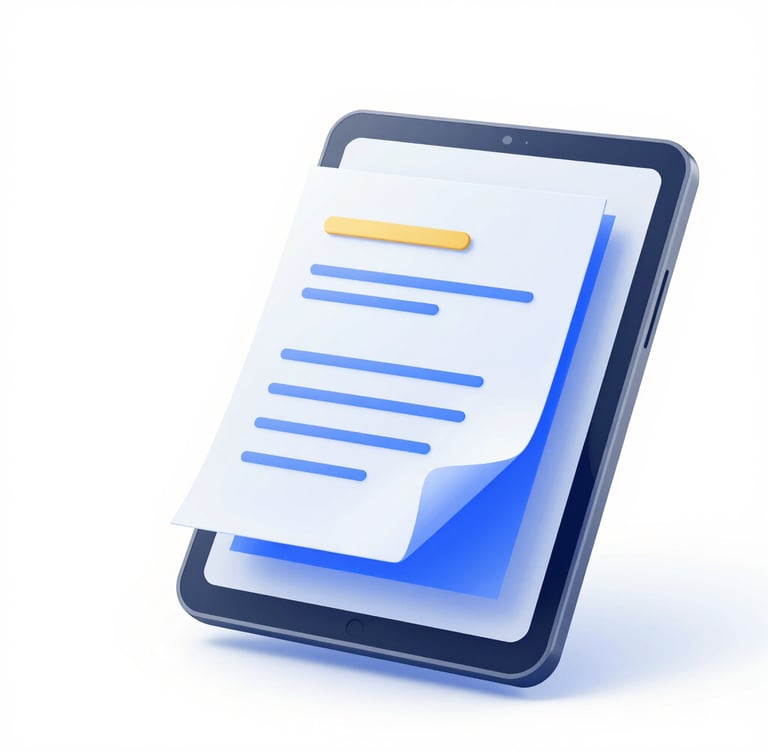 A sleek 3D vector illustration of editable educational document mockups floating over a digital tablet, clean corporate blue and gold palette, soft glassmorphism textures, high-key studio lighting, generous negative space, white background