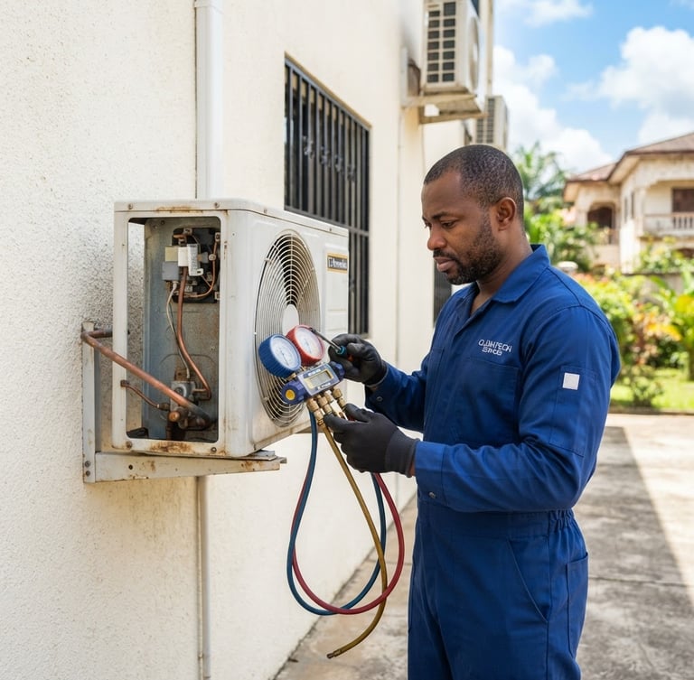 Medium shot of a professional HVAC technician in a clean blue uniform inspecting an air conditioning unit on a bright exterior wall in Malabo, natural daylight, crisp focus