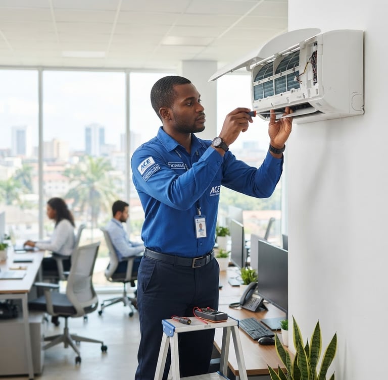 Bright corporate photography of a professional technician in a clean blue uniform adjusting a modern air conditioning unit in a bright Malabo office, natural daylight, sharp focus.