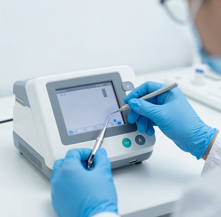 Macro shot of a technician in a sterile white lab, wearing blue nitrile gloves, calibrating a modern digital CPAP device screen with precise tools, cool clinical lighting.