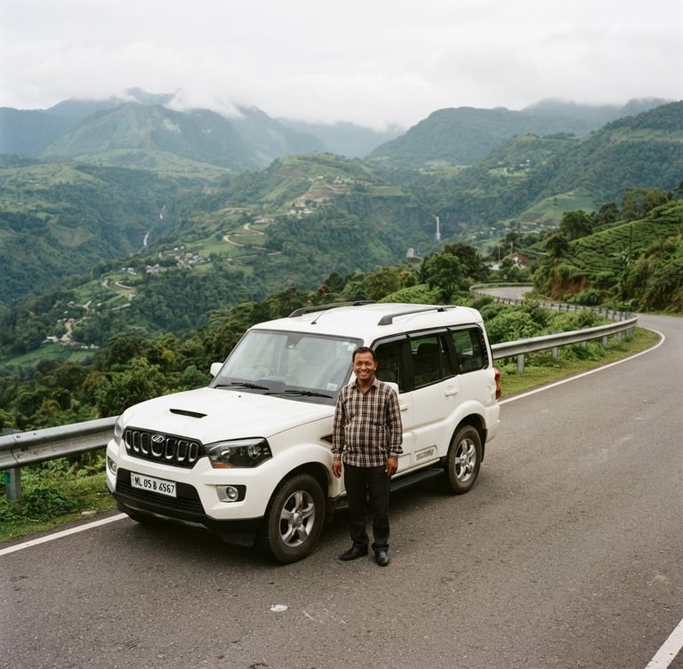 A professional local driver smiling warmly next to a clean SUV parked along a scenic mountain road in Meghalaya, soft overcast daylight, lush green hills in the background, 35mm.