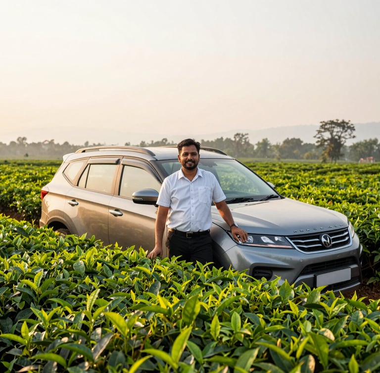 A warm portrait of a professional local driver in clean attire, smiling beside a modern SUV in a lush green tea garden of Assam, soft golden hour light, 35mm.