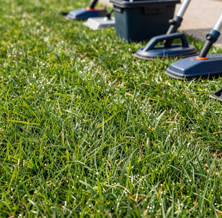 Close-up of a perfectly manicured lawn edge with crisp lines, professional landscaping tools neatly arranged in the background, under bright morning light in the GTA.